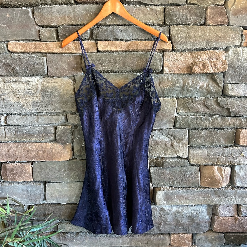 Victorias Secret Vintage Gold Label Midnight Blue Coquette Bow Satin Slip Dress - Picture 2 of 8